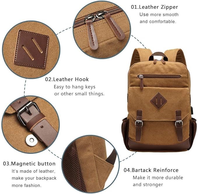 Modoker Eco-Friendly Canvas Backpack for Men Women, Vintage Rucksack Fits Most 15.6 Inch Laptop, Bookbag with USB Charging Port, Brown