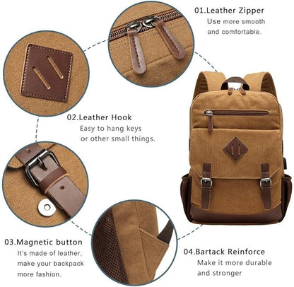 Modoker Eco-Friendly Canvas Backpack for Men Women, Vintage Rucksack Fits Most 15.6 Inch Laptop, Bookbag with USB Charging Port, Brown