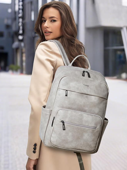 Leather Laptop Backpack for Women 15.6 Inch Laptop Travel Backpack Purse Casual Daypack with Laptop Compartment for College Work Nurse Business Weekender, Grey