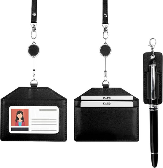 Office Badge Holder - Boshiho Genuine Leather Credit ID Card Holder with Stretch Neck Lanyard Horizontal Style (Black)
