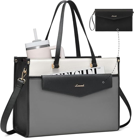 LOVEVOOK Laptop Bag for Women, 15.6'' Laptop Tote Purse 2-in-1 Professional Work Bag Business Briefcase with Clutch Purse, Waterproof Leather Computer Handbag for Teacher Office Travel