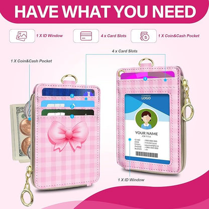 Lanyard Wallet with Id Badge Holder, RFID Keychain Wallet Lanyard for Women, Zipper Credit Card Holder Phone Wrist Neck Strap for Id Badge, Teacher Nurs Office Gifts - Cute Pink Bowknot