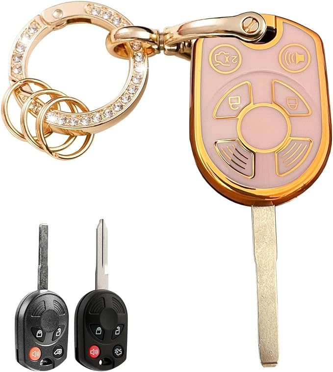 Keyless Entry Systems Key for Ford Key Fob Cover Shell with Keychain Fit for Ford Transit Mustang Fusion Lincoln Mercury Smart Key (4Buttons Gold-Pink)