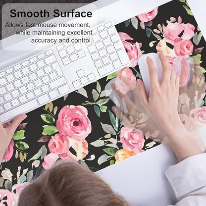 QiyI Large Mouse Pad, Floral Desk Mat for Desktop, Women Girls Watercolor Pink Flowers Office Décor Desk Accessories, PU Leather Waterproof Gaming Mousepad, Black Desk Pad Computer Mat, 31.5" x 11.8"