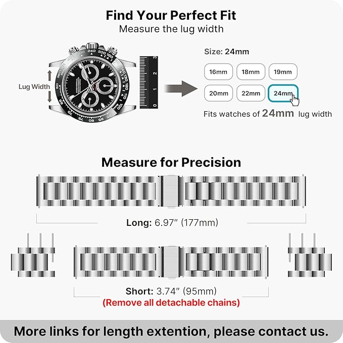 Fullmosa 24mm Stainless Steel Watch Band, Quick Release Metal Replacement Strap with Removable Links, Includes Spring Bars & Link Removal Tool for Men Women (Silver)