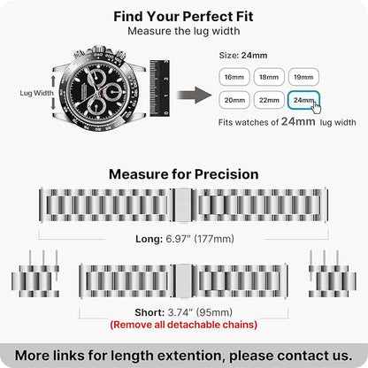 Fullmosa 24mm Stainless Steel Watch Band, Quick Release Metal Replacement Strap with Removable Links, Includes Spring Bars & Link Removal Tool for Men Women (Silver)