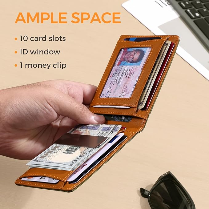RUNBOX Slim Money Clip Wallets for Men RFID Blocking 11 Card Holder Minimalist Small Leather Bifold Men's Front Pocket Wallet Gift Box