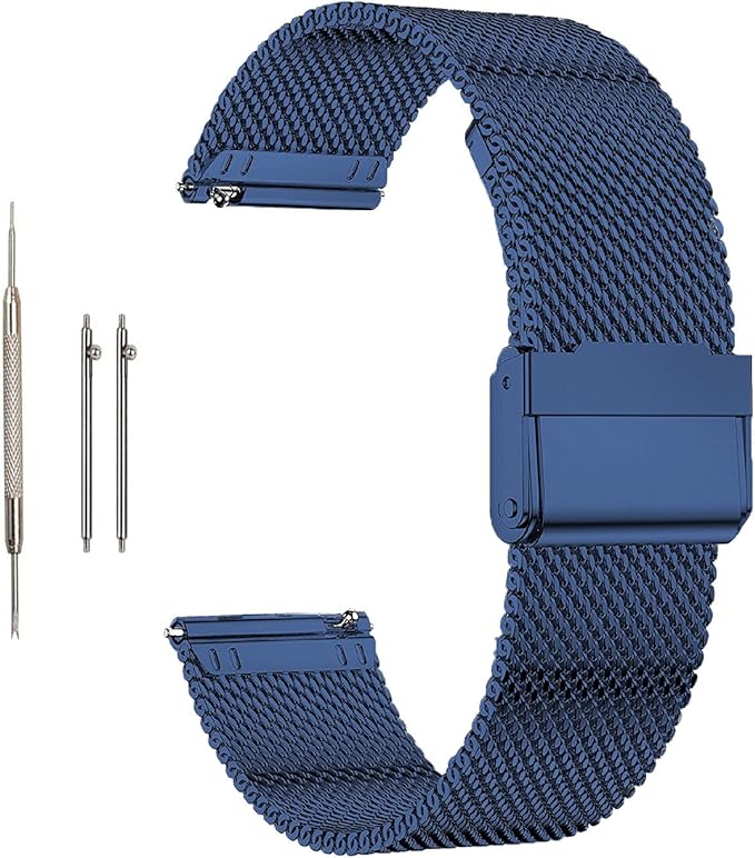 Moran Stainless Steel Mesh Watch Band 22mm Quick Release Blue Replacement Metal Strap 18mm 19mm 20mm 22mm Compatible for Fossil Samsung Galaxy watch (Blue, 22mm)