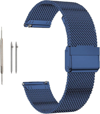 Moran Stainless Steel Mesh Watch Band 22mm Quick Release Blue Replacement Metal Strap 18mm 19mm 20mm 22mm Compatible for Fossil Samsung Galaxy watch (Blue, 22mm)