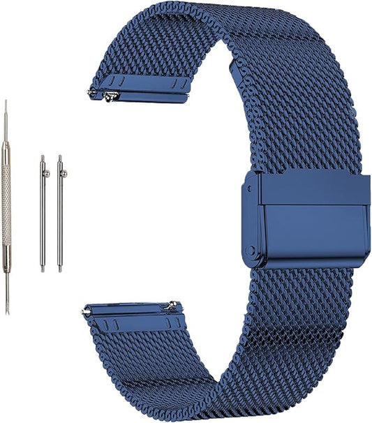 Moran Stainless Steel Mesh Watch Band 22mm Quick Release Blue Replacement Metal Strap 18mm 19mm 20mm 22mm Compatible for Fossil Samsung Galaxy watch (Blue, 22mm)