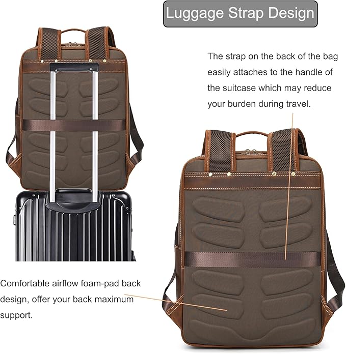 LUUFAN Full-grain Leather Brown Backpack for Men, 15.6 Inch Laptop Shoulder Bag Large Capacity Rucksack Business Daypack Travel Outdoor Bag with Trolley Sleeve