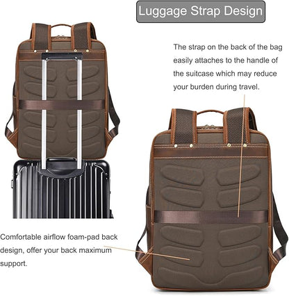 LUUFAN Full-grain Leather Brown Backpack for Men, 15.6 Inch Laptop Shoulder Bag Large Capacity Rucksack Business Daypack Travel Outdoor Bag with Trolley Sleeve