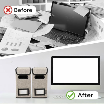 BALEINE File Organizer Box with Lid, Collapsible File Folder Organizer with Plastic Slide, Hanging File Folder Box for Office Document Storage (2 Pack, Beige, S)
