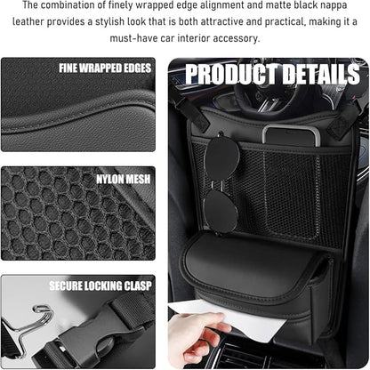 Car Organizer Storage Between Seats, Nappa Leather Front Seat Storage Bag with Tissue Holder, Automotive Console Hanging Net Pocket Handbag Holder for Phone Document (Black)