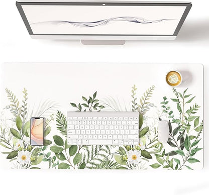 Colorful Star Large Mouse Pad, Green Leaves Waterproof Office Desk Mat, Non-Slip Computer Gaming Mouse Pad, XXL PC Laptop Protector Pads, PU Leather Desk Writing Pads for Office Home, 31.5" x 15.7"