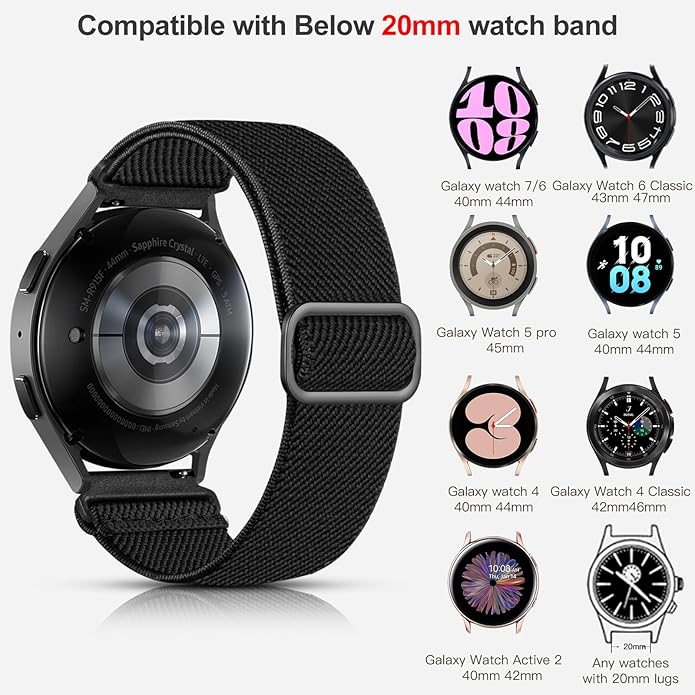 Lerobo Elastic Bands Compatible with Samsung Galaxy Watch 8 7 6 5 4 40mm 44mm/Galaxy Watch 8 Classic 6 4 Classic 43mm 47mm 42mm 46mm/5 Pro Band 45mm/Active 2,3 Pack 20mm Adjustable Nylon Sport Band