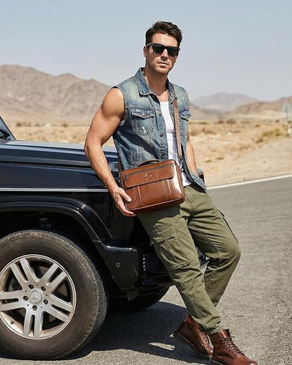 Men's Leather Crossbody Bag - Casual Messenger Shoulder Bag for Commuting, Large Capacity Laptop Briefcase with Multi-Pockets for Office