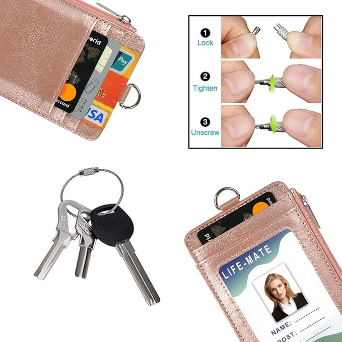 Badge Holder with Zipper, Life-Mate PU Leather ID Badge Card Holder Wallet Case with 5 Card Slots Zipper Pocket 19" Polyester Neck Lanyard Heavy Duty Metal Retractable Badge Reel (Rose Gold)