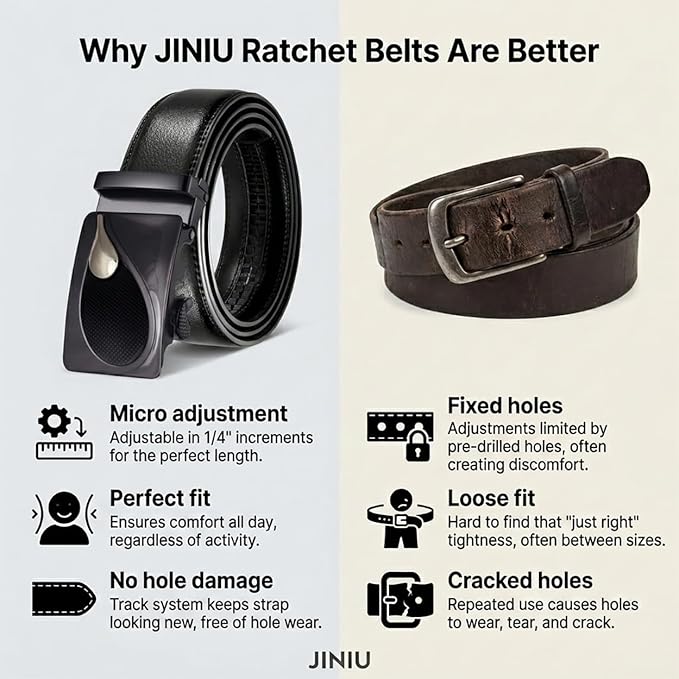 JINIU Men's Ratchet Belt Buckle, Black Genuine Leather Slide Belt for Men Dress Suit, Micro Adjustable Trim to Fit Boxed