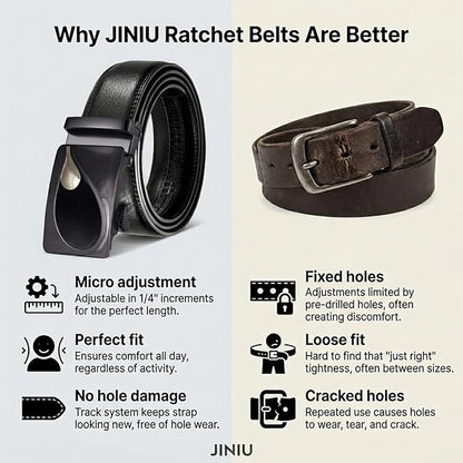 JINIU Men's Ratchet Belt Buckle, Black Genuine Leather Slide Belt for Men Dress Suit, Micro Adjustable Trim to Fit Boxed