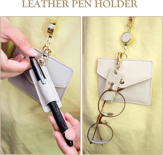 Office Badge Holder - Boshiho Genuine Leather Credit ID Card Holder with Stretch Neck Lanyard and Pen Clip, Gift Box (Horizontal-White)