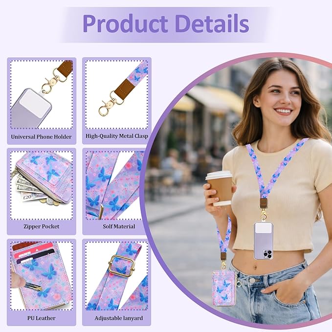 Lanyard Wallet with ID Badge Holder, Small RFID Wallet Women Keychain Wristlet, Leather Credit Card Holder with Zipper Pocket Phone Lanyard Wrist Strap Office Business-Gradient Butterfly