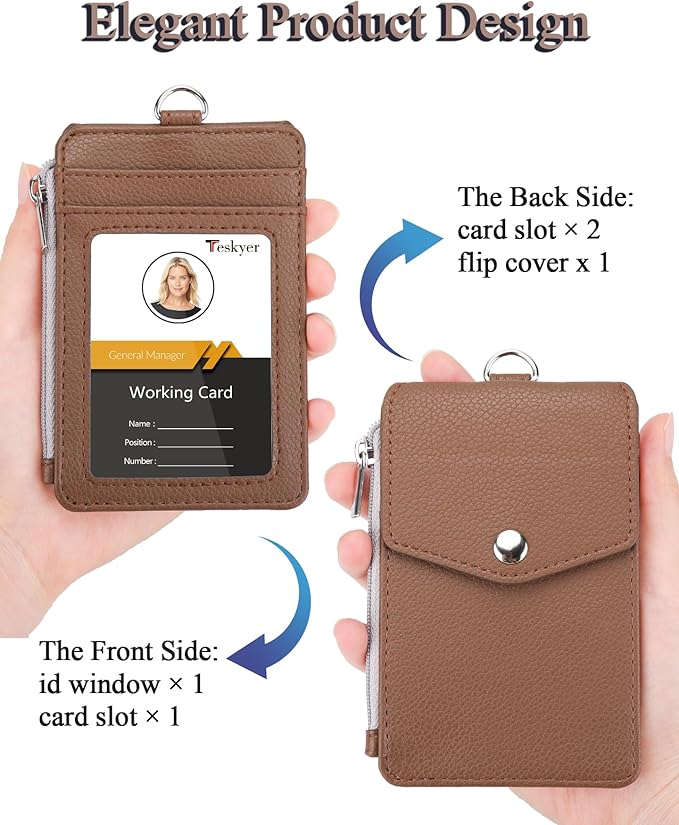 Teskyer Badge Holder with Side Zip Pocket, Multiple Card Slots Leather ID Holder Wallet with Neck Lanyard for Office Staffs, Teachers/Students, Workers, Cruise Cards, Bus/Metro Cards, Lichee Coffee