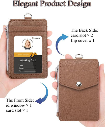 Teskyer Badge Holder with Side Zip Pocket, Multiple Card Slots Leather ID Holder Wallet with Neck Lanyard for Office Staffs, Teachers/Students, Workers, Cruise Cards, Bus/Metro Cards, Lichee Coffee
