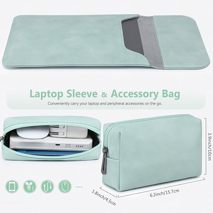 HYZUO 13.3-14 Inch Laptop Sleeve Case for MacBook Pro 14 M5/M4/M3/M2/M1 Pro/Max A3426 A3427 2026-2021, 13.3" MacBook Air/Pro, 13.5-13.8 Surface Laptop, HP Envy 13, Faux Suede Leather, Mint Green