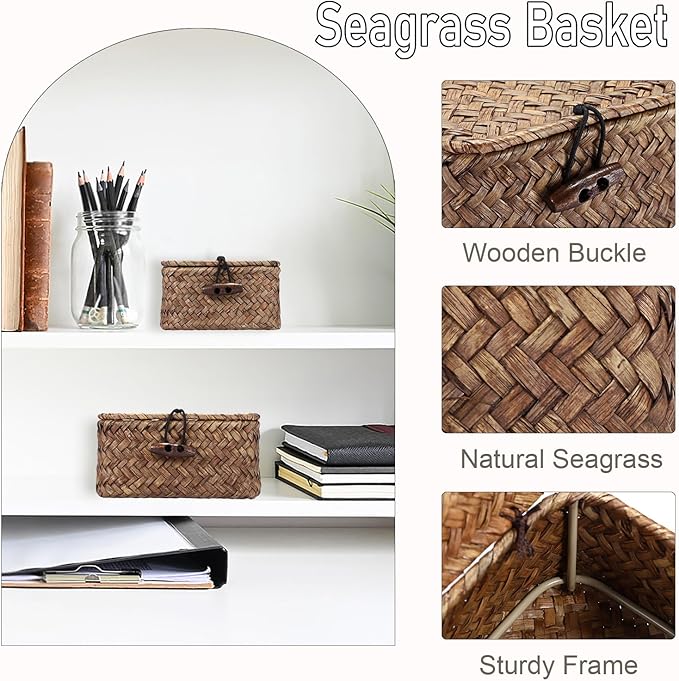 Hipiwe Mini Seagrass Basket with Lid Wicker Storage Basket Small Handwoven Multipurpose Desktop Baskets Home Decor, 4.3"L x 2.5"W x 2.1"H