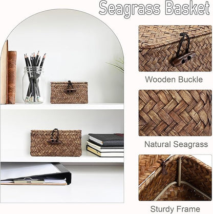 Hipiwe Mini Seagrass Basket with Lid Wicker Storage Basket Small Handwoven Multipurpose Desktop Baskets Home Decor, 4.3"L x 2.5"W x 2.1"H