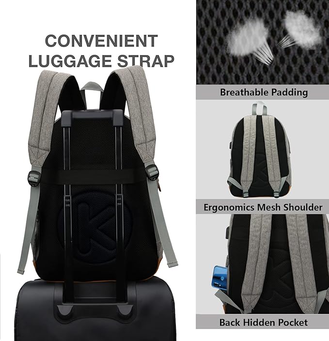 Laptop Backpack with Leather Decoration, USB Charging Port, Classic Backpack for College, Work, Travel(18 Inches/Light Grey)
