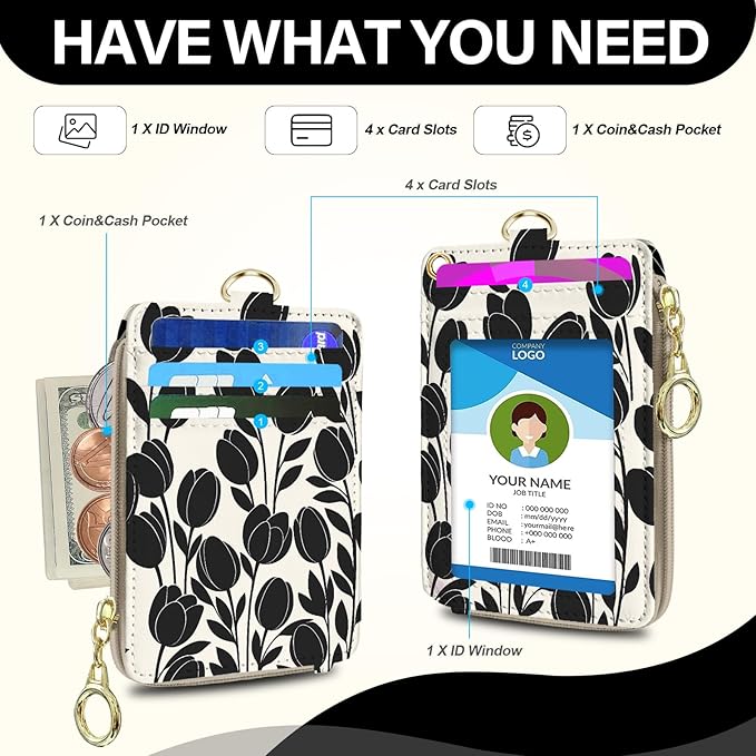 Flower Lanyard Wallet Women, Id Badge Holder with Neck & Wristlet Lanyard, Pu Leather Zipper Id Card Holder with Adjustable Lanyard, Id Badge with RFID Keychain Wallet for Women Office Gifts