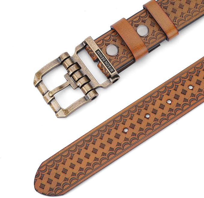 BISON DENIM Men's Genuine Leather Casual Belt, Classic Western Cowboy Dress Belts