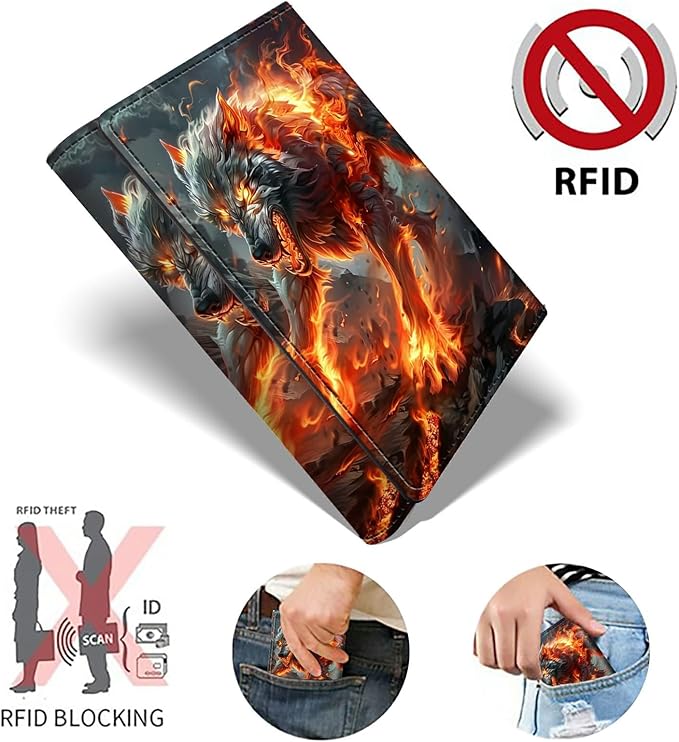 Flaming Wolf Minimalist Wallet for Men, Pop Up Card Case Wallet for Women, PU Leather Automatic Credit Card Holder Metal Money Clip Wallet RFID Blocking Bifold Pocket Wallet