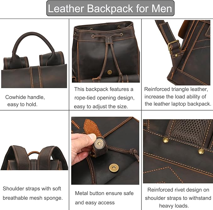 LUUFAN Genuine Leather Backpack for Men Casual Laptop Shoulder Bag Rucksack with Anti-Theft Pocket Travel Daypack, Dark Brown