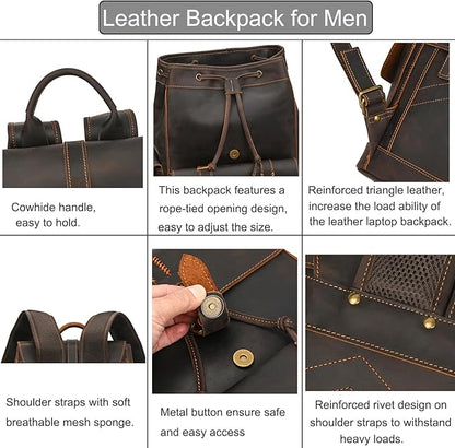 LUUFAN Genuine Leather Backpack for Men Casual Laptop Shoulder Bag Rucksack with Anti-Theft Pocket Travel Daypack, Dark Brown