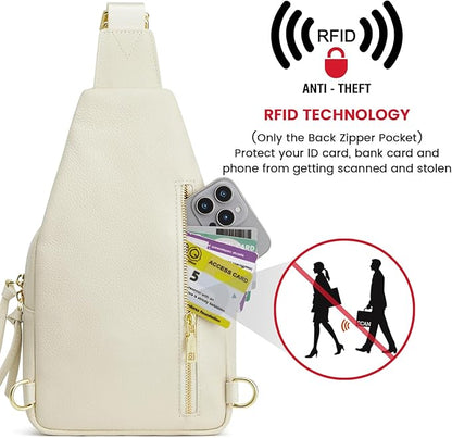 Kattee Small Sling Bag for Women, Leather Fanny Packs Crossbody Purse, Chest Bag for Travel with RFID Blocking, Beige