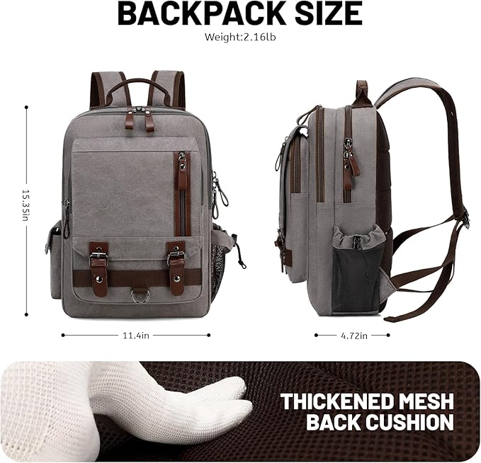 Lanola Water-resistant Canvas Backpack with Anti-Theft Pocket, Daypacks Fits 15.6 Inch Laptop for Men Perfect for Work, Travel, Daily Use (Grey)