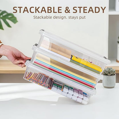 Citylife 6 PCS Clear Plastic Container Clip Box with Latching Lids, Stackable Document Paper Protectors Organizer Container for Office, Home, and School Supplies