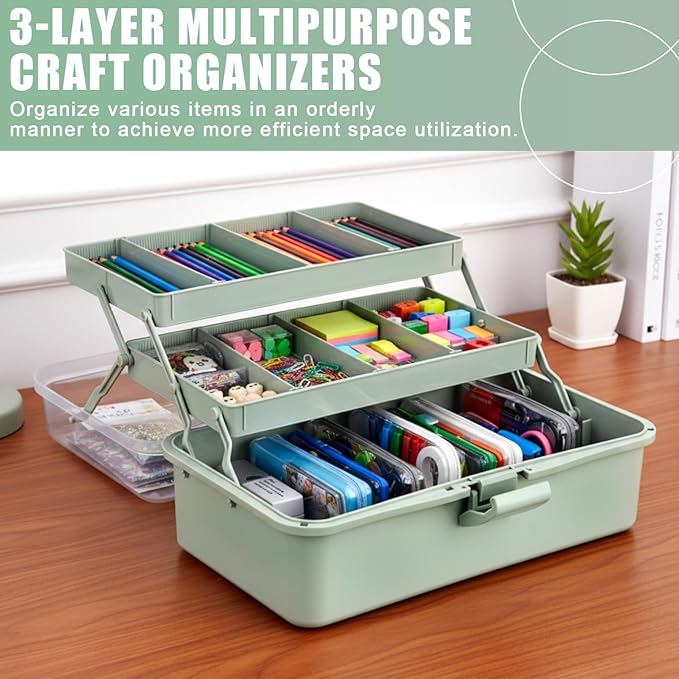 Teecyhooo 2 Pcs 13 Inch 3-layer Multipurpose Craft Organizers Storage Portable Plastic Tackle Box with Adjustable Spacers and Handled Folding Art Craft Case for Sewing Art Supply Medicine(Green)