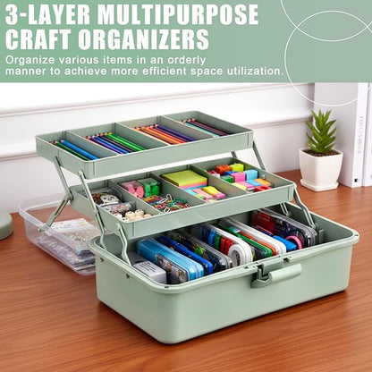 Teecyhooo 2 Pcs 13 Inch 3-layer Multipurpose Craft Organizers Storage Portable Plastic Tackle Box with Adjustable Spacers and Handled Folding Art Craft Case for Sewing Art Supply Medicine(Green)