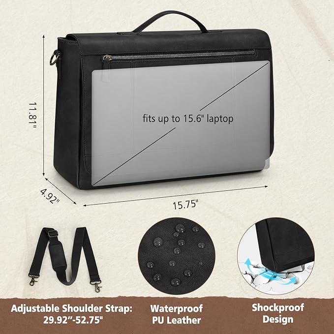 RAINSMORE Leather Messenger Bag for Men 15.6 Inch Laptop Bag Vintage Briefcase Large Computer Bag Satchel Shoulder Bag For College,Work,Business,Office,Black