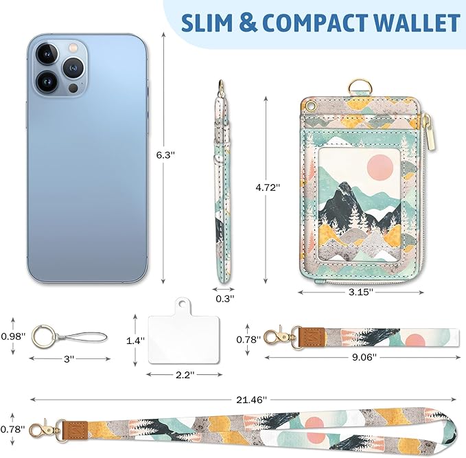 Sunrise Mountain Lanyard Wallet with ID Badge Holder, Small RFID Wallet Women Keychain Wristlet, Slim Credit Card Holder with Zipper Pocket Phone Lanyard Wrist Strap for Name Tag Office Teacher Gift