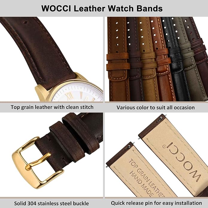 WOCCI Quick Release Watch Band, Distressed Genuine Leather, Stainless Steel Buckle, Strap Width 18mm 19mm 20mm 22mm 24mm