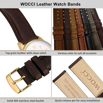 WOCCI Quick Release Watch Band, Distressed Genuine Leather, Stainless Steel Buckle, Strap Width 18mm 19mm 20mm 22mm 24mm