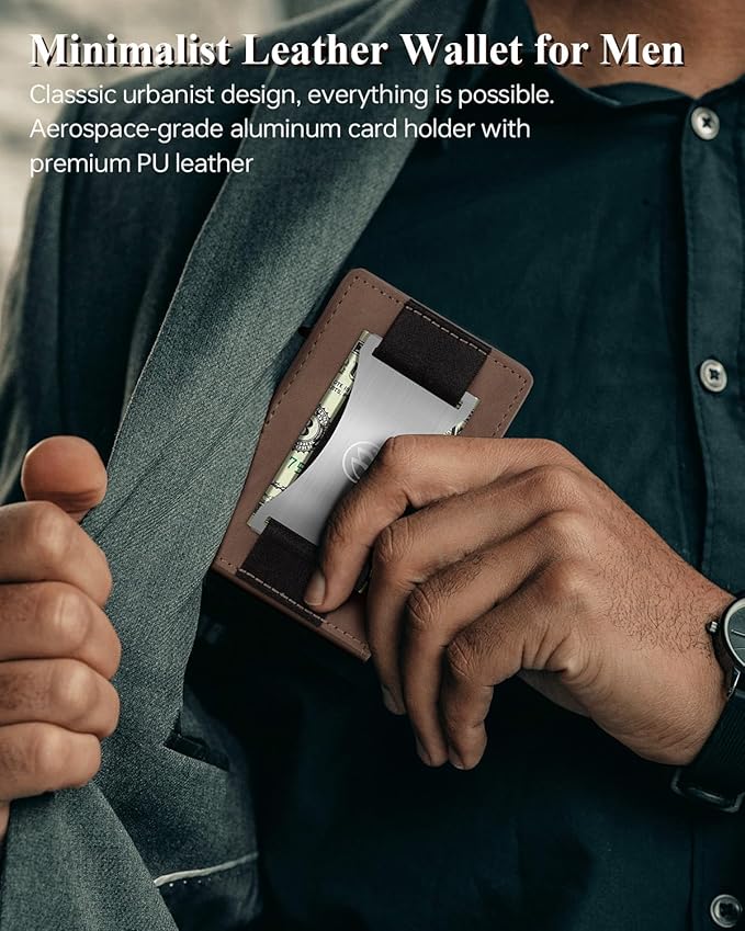 HITTIONA Minimalist Slim Wallet for Men - Mens Wallets Leather with POP UP Card Holder Wallet Fits Front Pocket, RFID Blocking Bifold Men`s Wallets with Metal Money Clip and Box
