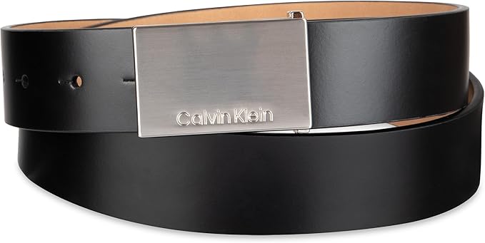 Calvin Klein Men's Plaque Buckle Belt - Casual Modern Style With Logo Detail for Jeans and Dress Pants