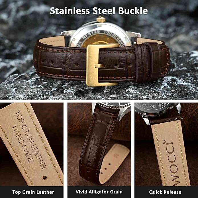 WOCCI Watch Bands, Top Grain Leather, Embossed Alligator Grain, Quick Release, Band Width 18mm 20mm 22mm
