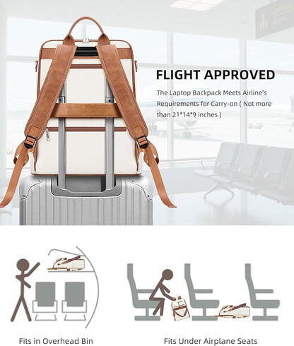 SYTRAH Leather Laptop Backpack for Women Designer Laptop Bag, 16.5 inch Travel Computer Backpacks Purse with Tassel for Work Business with Satchel Purse Beige Brown